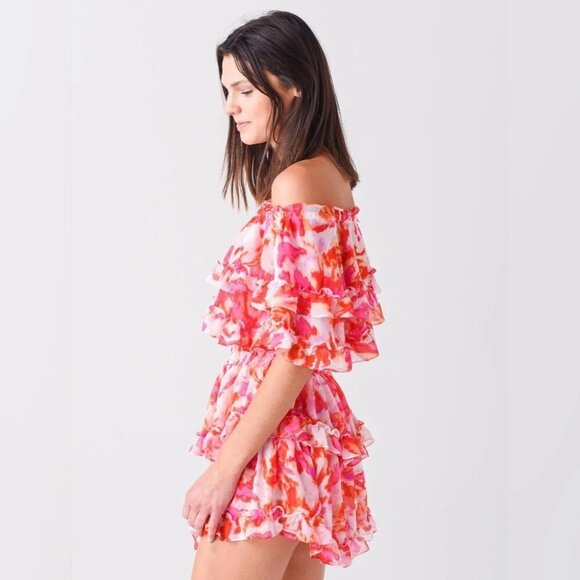 Misa Los Angeles Isella Maldive Marble Floral Off-Shoulder Ruffle Mini Dress M - Picture 6 of 16